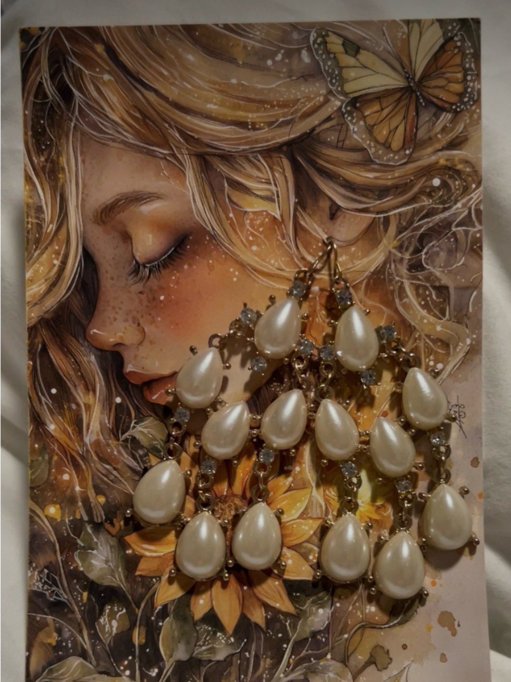 Chandelier Style Faux Pearl Teardrop Earrings - Gold Tone - Picture 3 of 3